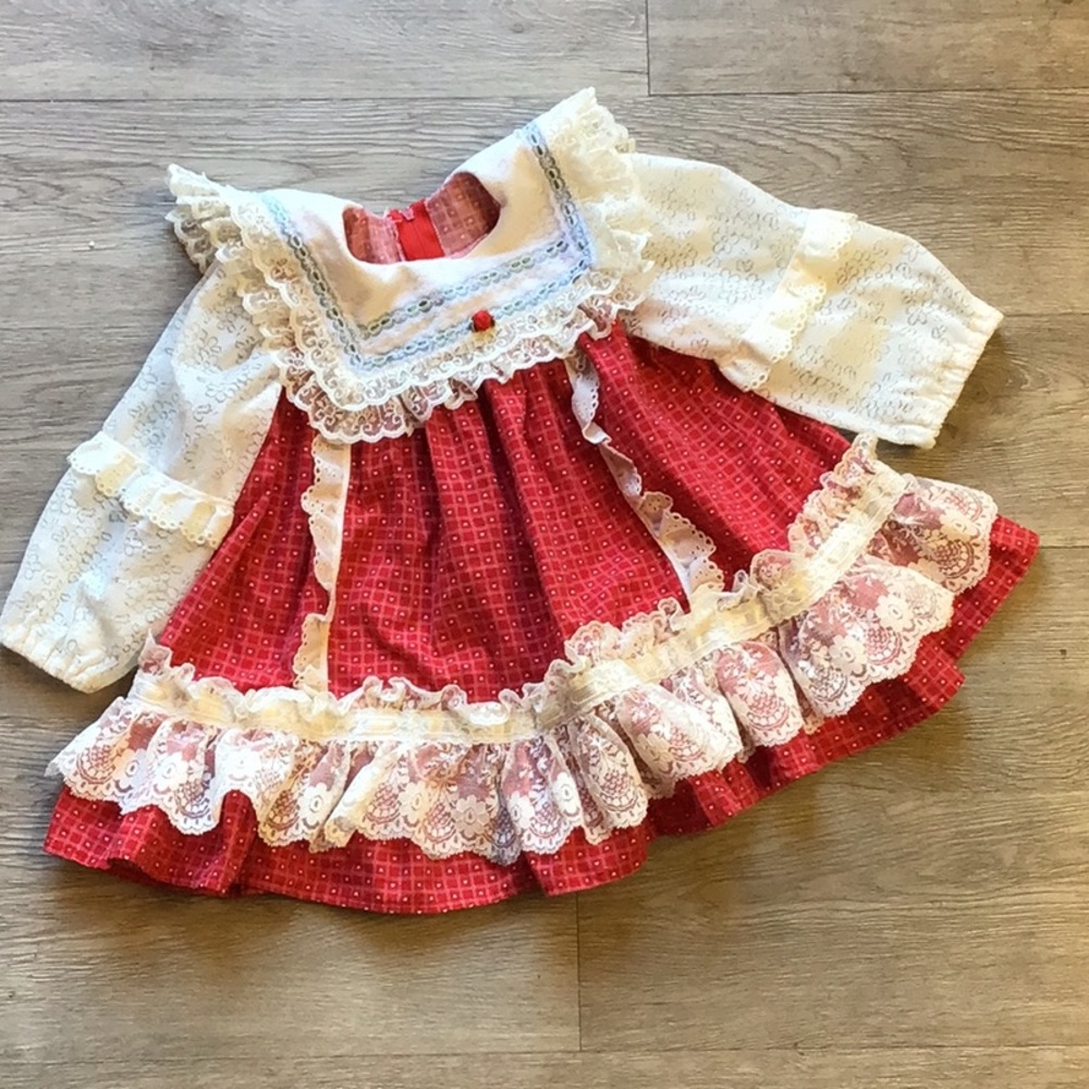 Vintage handmade baby toddler red prarie lace dress 2T